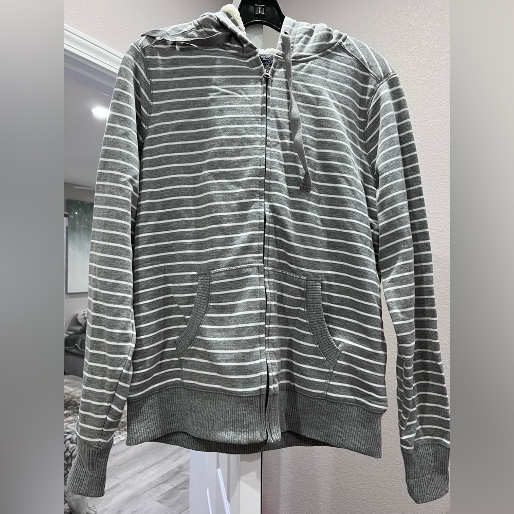 Faded Glory Gray and White Fleece Lined Zip-Up Sweater/ Jacket